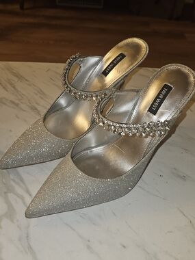 Nine West Silver Glitter Pointed Toe Crystal Strap Heels